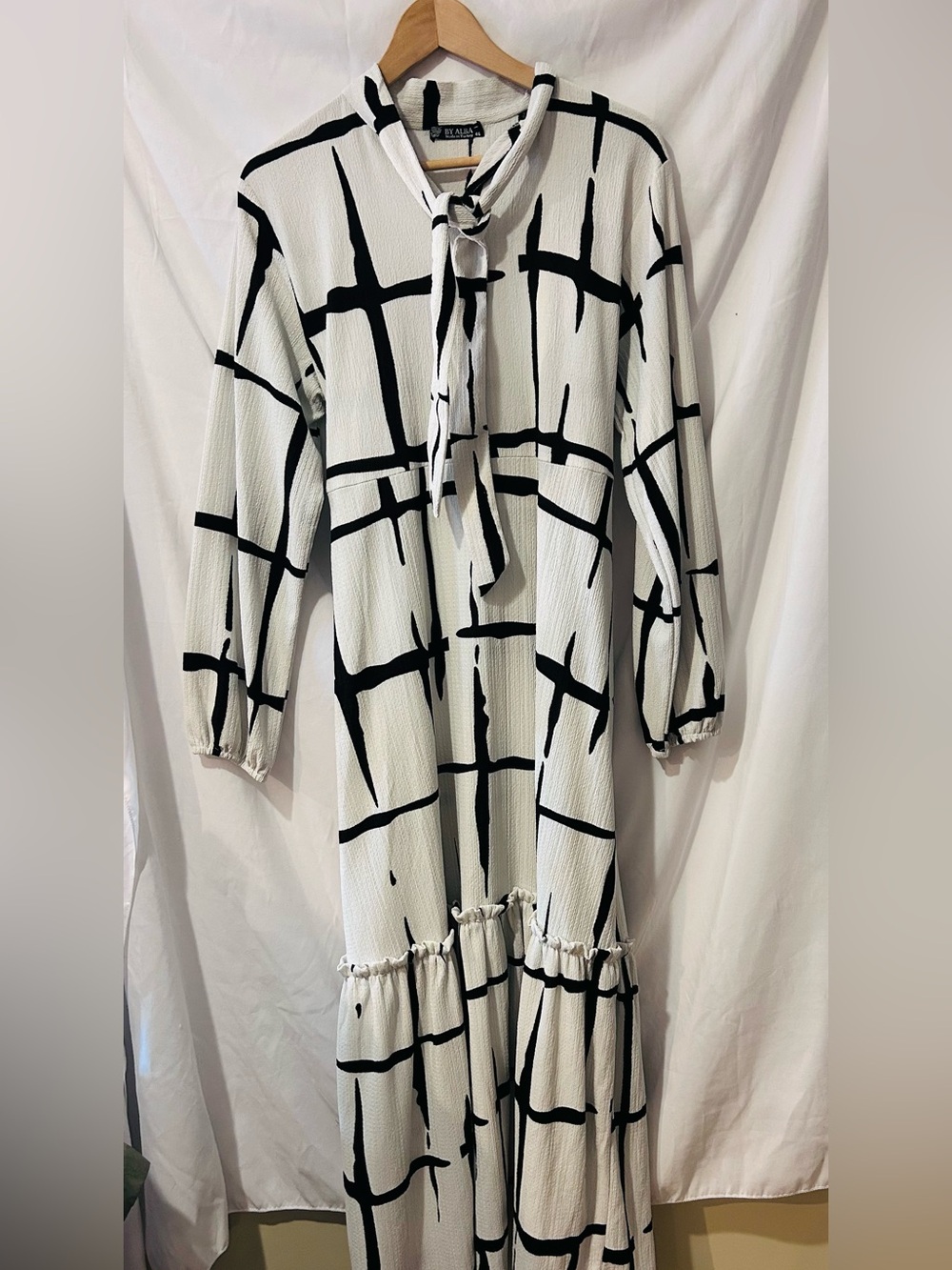 By Alba (made In Turkey) Women’s Long Sleeve Black & White Grid Maxi Dress L